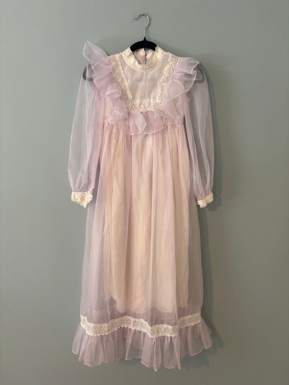 Vintage 70s Youth Prairie Maxi Dress Handmade Chiffon Lavender Lace